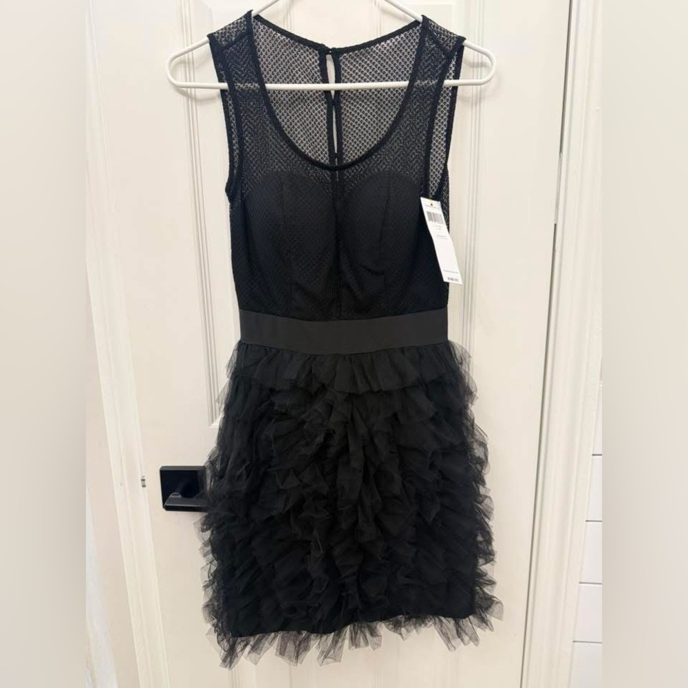 BCBGeneration Black Mesh Ruffle Midi Dress